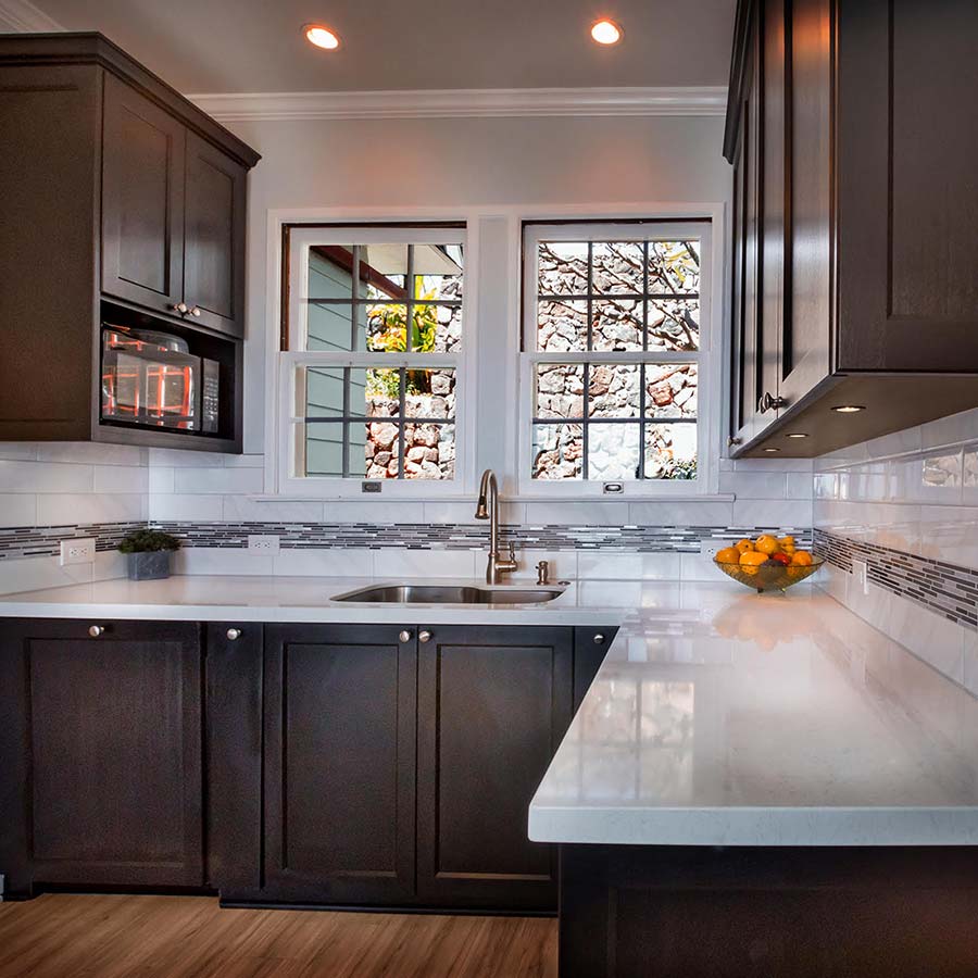 image of remodeled kitchen counter and custom -built cabinets